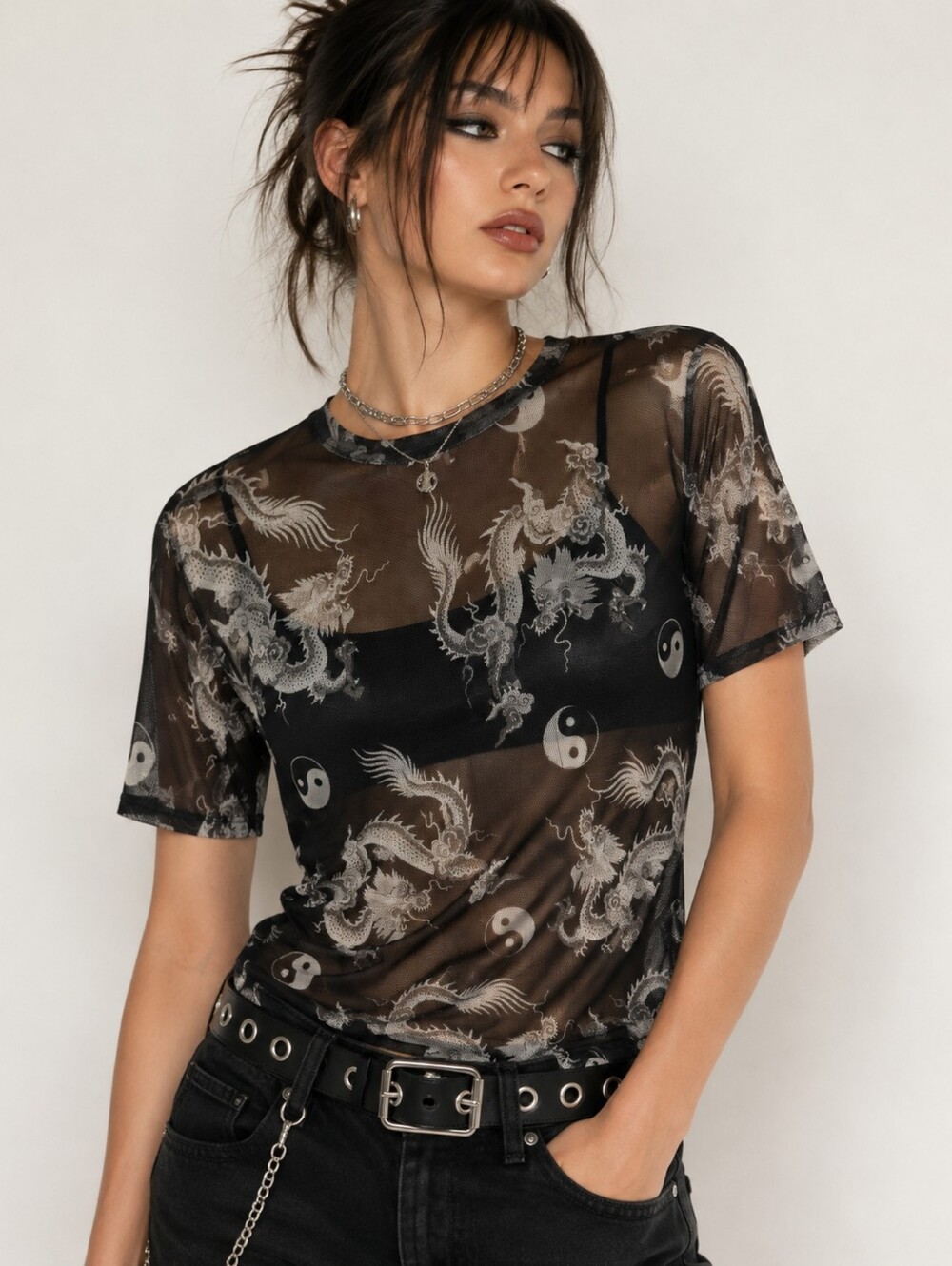Rock Rose Couture Size M Dragon Yin Yang Sheer Mesh Top Y2K Goth